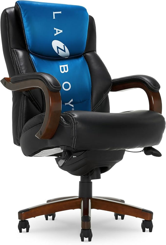 La-Z-Boy Delano Big & Tall Executive Office Chair, High Back Ergonomic Lumbar Support, Bonded Leather, Black with Mahogany Wood Finish