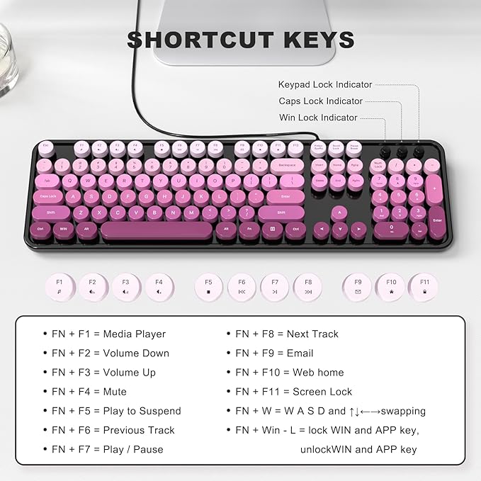 Computer Keyboard Wired, Plug and Play USB Retro Round Typewriter Keyboard, Full Size Wired Keyboard with Foldable Stands for Laptop and Office PC- Black Pink Gradient