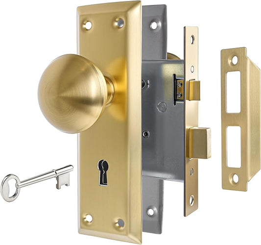 Brushed Gold Mortise Lock Set for Interior Door, Antique Door Knobs with Lock and Skeleton Key, Satin Brass Door Knobs for Old Style Doors