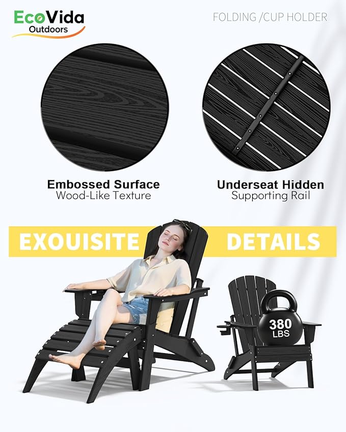 Upgraded Folding Adirondack Chair with All-Weather Cup Holder-EcoVida, Premium Wood Grain Texture, HDPE Waterproof, Suitable for Fire Pit, Patio, Porch, Black