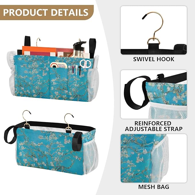 Bedside Caddy for Dorm Bed Bedside Hanging Caddy Bag Iron Frame Storage Organizer Pocket for Bunk Home College Hospital Beds 2 Hooks