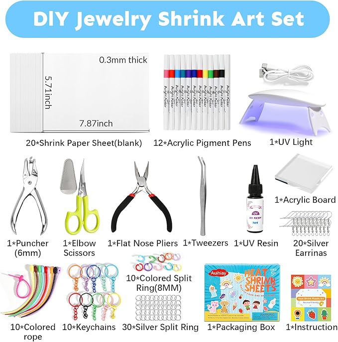 Auihiay Shrink Plastic Sheet Kit, Include UV Resin, UV Lamp, 20PCS Shrink Papers and Rich DIY Tools for Crafts Kids DIY Jewelry Making, Key Chains Earrings and DIY Christmas Ornaments