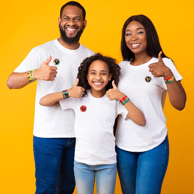 Frienda 60 Pcs Black History Month Party Favors Black History Slap Bracelets and Badge Pins for Freedom Day Patriotic Party Supplies for Black American Independence Day 1865 Juneteenth Decor