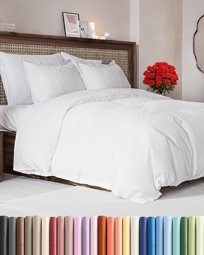 Duvet Cover Queen Size Set - Extra Soft Queen Size Duvet Cover 90 x 90 with 2 Pillow Shams - Hotel Luxury, Easy Care and Fade Free with Zipper Closures & Ties - Comfy, Breathable Bedding Set (White)