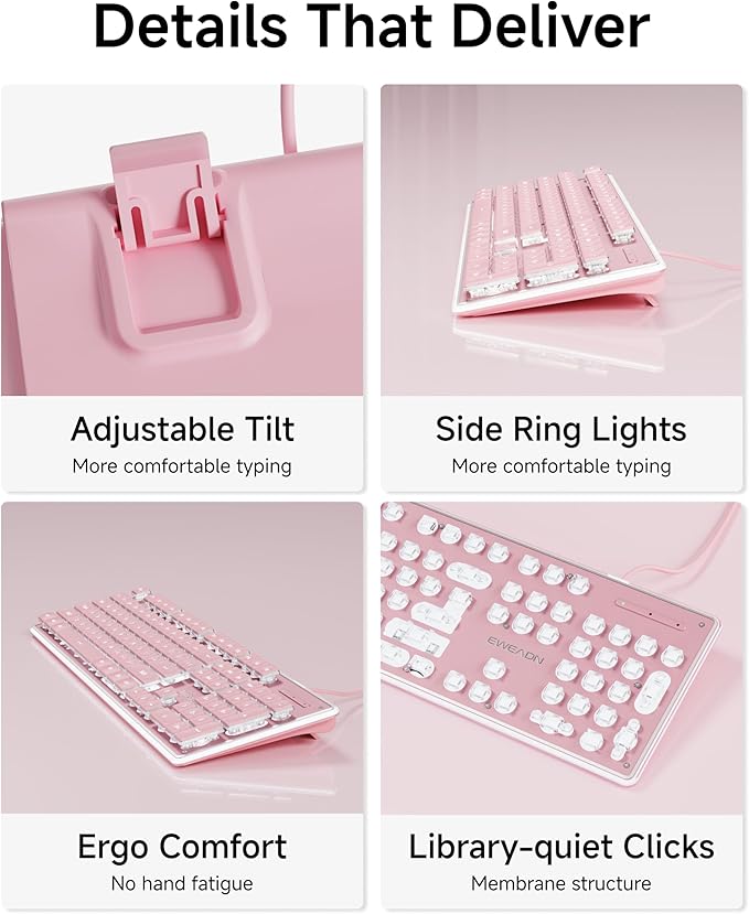 EWEADN GX710S Backlit Computer Keyboards, Wired USB Keyboard with White Backlit, Metal Panel, Plug and Play, Pudding Keycaps Full Size Quite Computer Keyboard for Win/PC/Laptop-Pink