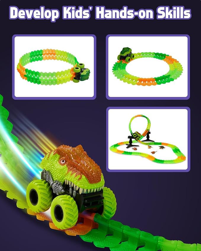 Magic Car Track Set, 154PCS Glow Race Track, Flexible Race Car Tracks, Dinosaur Train Set Glow in The Dark, Race Tracks for Kids Ages 3-8, Toddlers Birthday Gifts, for Kids