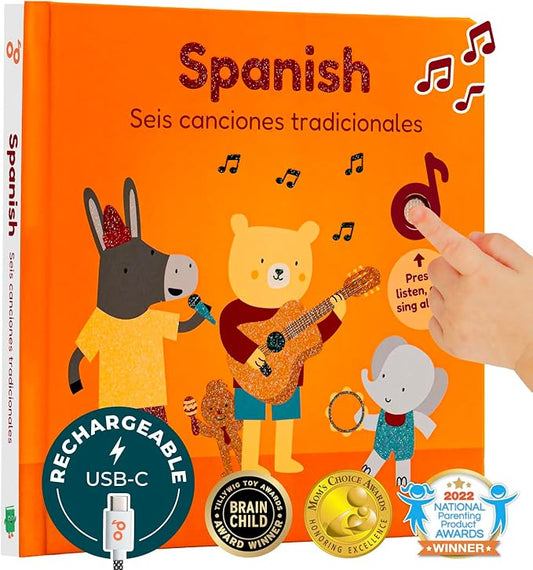 Cali's Books Spanish USB C Rechargeable Musical Book | Spanish Baby Books with 6 Songs | Libros en español para Niños y Bebes | Learn Spanish for Kids | Bilingual Musical Books for Toddlers 1-3