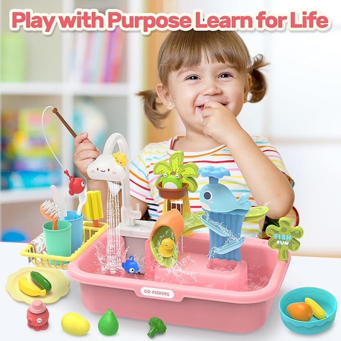 HOLYFUN Play Sink with Running Water, Kitchen Sink Toy with Upgraded Electric Faucet, Water Slide Track, Fishing Game Pool, and Floating Toys for Pretend Play,Dishwasher Toy for Kids and Toddlers