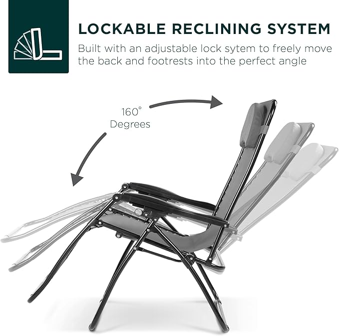 Best Choice Products Oversized Zero Gravity Chair, Folding Outdoor Patio Lounge Recliner w/Cup Holder Accessory Tray, Pillow - Ice Gray