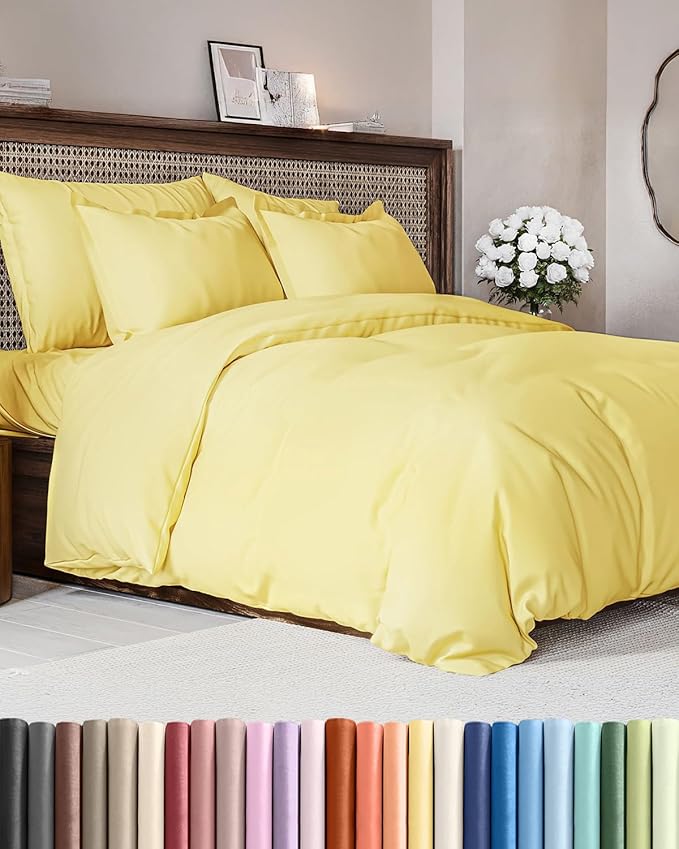 Duvet Cover King Size Set - Extra Soft King Size Duvet Cover 104 x 90 with 2 Pillow Shams - Hotel Luxury, Easy Care and Fade Free with Zipper Closures & Ties - Comfy, Breathable Bedding Set (Yellow)