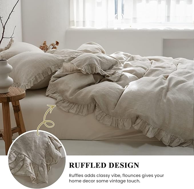 Simple&Opulence 100% Linen Duvet Cover Set, 3 PCS Natural French Flax Ruffle Duvet Cover Queen Size, Breathable Comfy Linen Bedding Comforter Cover with 2 Pillowcases (Natural Linen, 88" X 92")