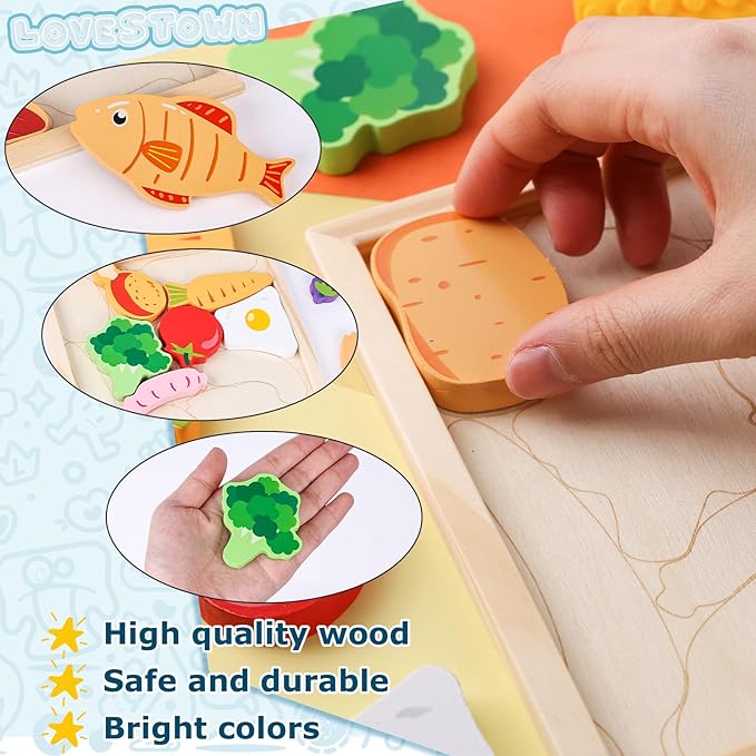 LovesTown 12PCS Wooden Food Stacking Puzzles, Chunky Jigsaw Puzzles, Montessori Toys Educational Preschool Activities Fine Motor Toys for Kids