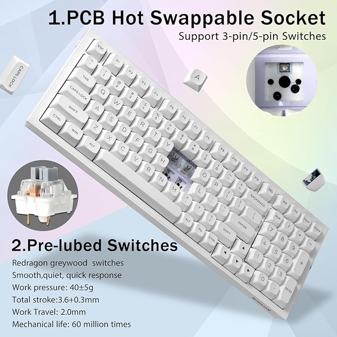 Redragon K723 Wireless Mechanical Gaming Keyboard Creamy, Bluetooth/2.4G/USB-C Wired, RGB Backlit, Hot Swappable Pre-lubed Linear Switches, 96% Custom Gasket Structure for PC/Mac/PS/Xbox,White