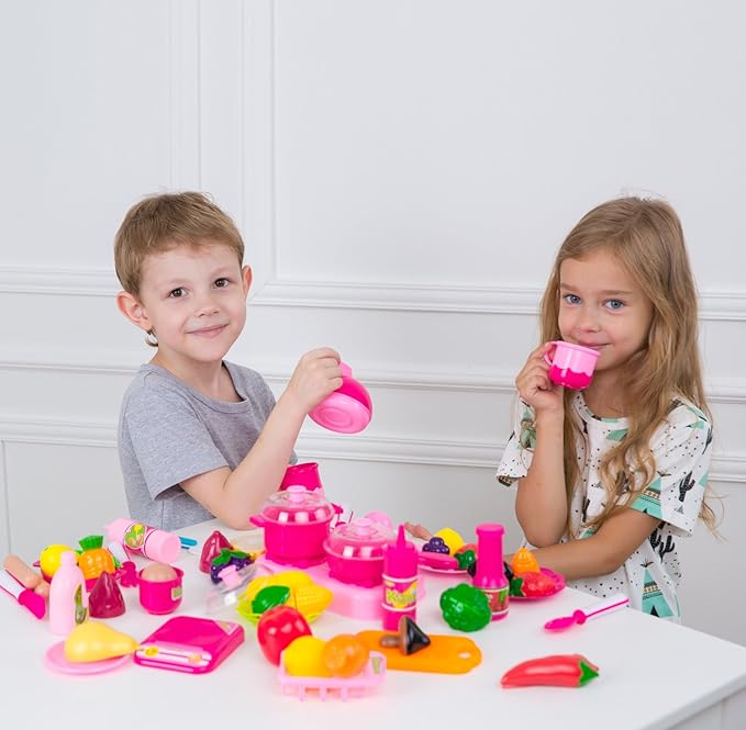 Kimicare 58 Piece Kitchen Cooking Set Girls Boys Fruit Vegetable Tea Playset Toy for Kids Early Age Development Educational Pretend Play Food Assortment Set
