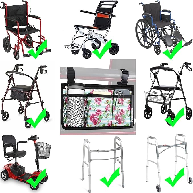 Wheelchair Side Bag, Upgrade Flower Color Wheelchair Armrest Storage Pouch with Cup Holder and Reflective Strip Made with Waterproof Fabric, for Most Wheelchairs, Walkers and Rollators (White Floral)