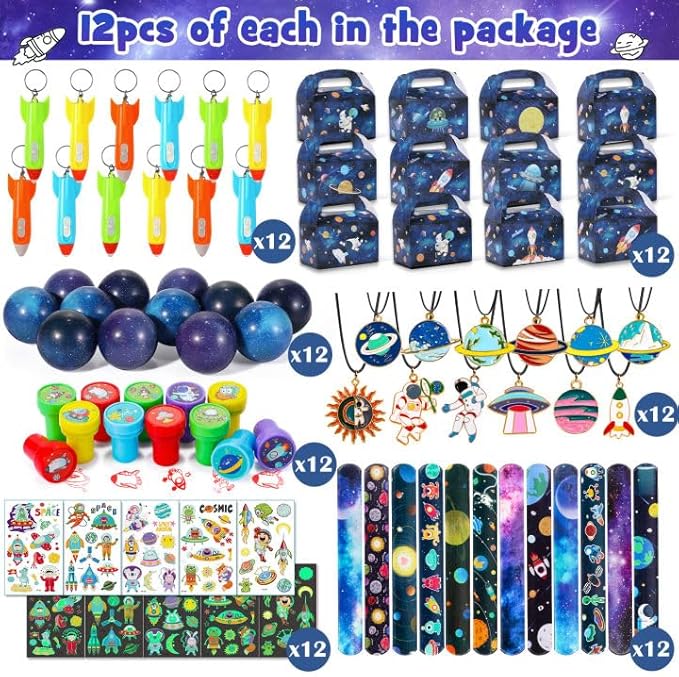 Golray 84pcs Space Party Favors Box Stress Balls Glow In Dark Tattoos Stamp Necklace Toy Gift for Boy Kids Galaxy Birthday Party Supplies Stuffer Treat Gift Goodie Bag Filler