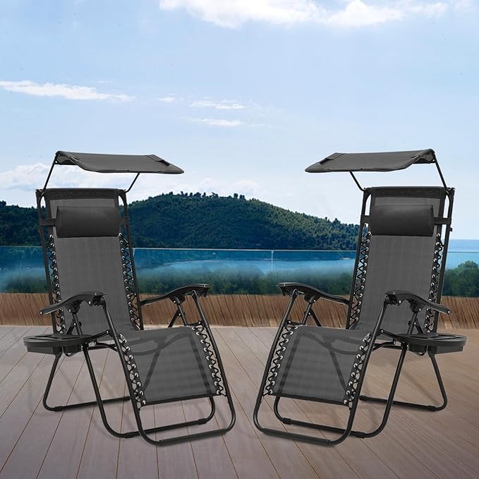 Athena Collection Zero Gravity Outdoor Lounge Chair Set of 2 with Canopy Shade, 25" Width Pool Lounge Lawn Chairs Reclining with Cup Holder, Outdoor Chaise for Beach Patio Outside, Black