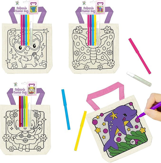 6 Pieces Kids Coloring Goodie Bags, Reusable Canvas Bag, Cute Art Party Favors, Color Your Own Bags for DIY Painting Birthday Carnival Celebration, Party Supplies Gift, Girls