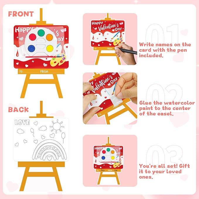 GOAUS Valentines Day Gifts for Kids, 24 Pack Easel-Shaped Valentines Cards with Watercolor Paint Sets for School Boys Girls Classroom Preschool Party Favors Class Prizes