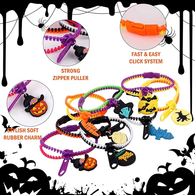 BOXOB Halloween Slap Bracelets, Colorful Halloween Bracelets Friendship Fidget Zipper Bracelet Halloween Party Favors for Birthday Goodie Bags Easter Egg & Pinata Fillers 24 Pack