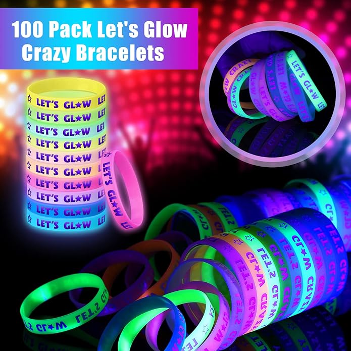 Karenhi 100 Pcs Let's Glow Silicone Bracelet Crazy Bracelet Glow in the Dark Bracelets Light up Wristbands for Neon Party Concerts Sports Parties Night Favors, 10 Styles