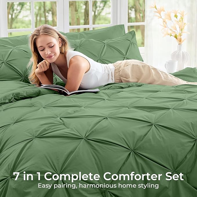 Sasttie Queen Comforter Set, 7-Piece Bed in a Bag, Pintuck Bedding Sets for All Season, Includes Comforter, Flat Sheet, Fitted Sheet, Pillowcases and Pillowshams, Green