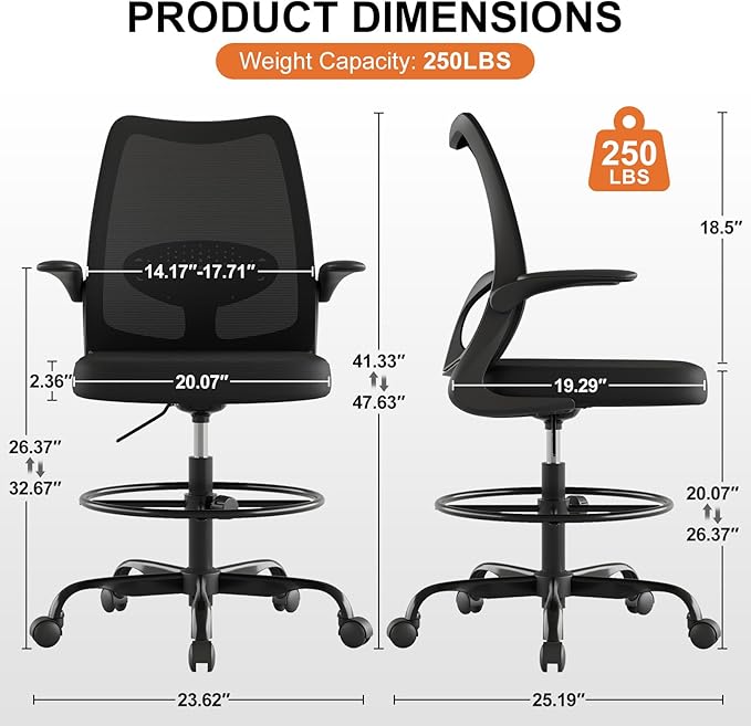 Drafting Chair,Tall Office Chair with Adjustable Footrest Ring,Lumbar Support,Ergonomic High Desk Seat,Flip-Up Armrests,Breathable Mesh Standing Stool for Home Office,Black