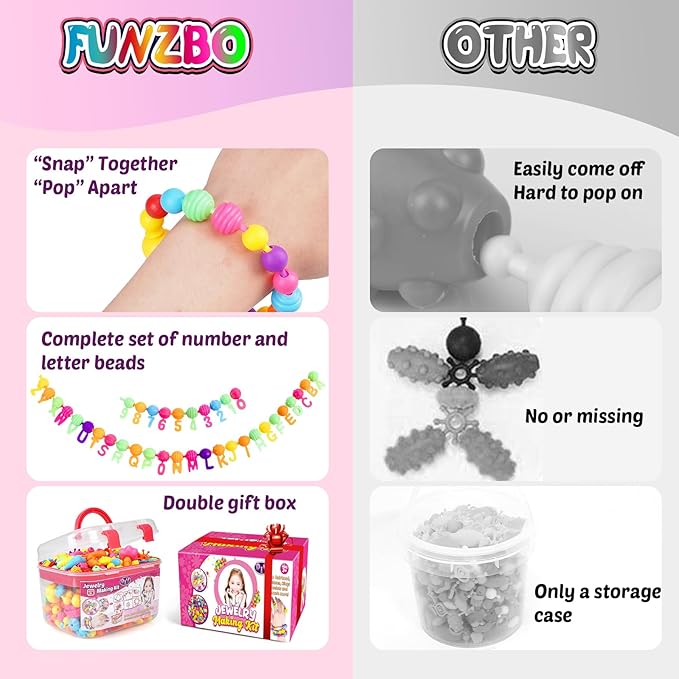 FUNZBO 650pcs Pop Beads - Jewelry Making Kit for 3 4 5 6 7 8 Year Old Little Girls, Arts and Crafts Toys for Kids, Necklace Bracelet Ring Creativity Snap Set Valentine Birthday Holiday Easter Gifts