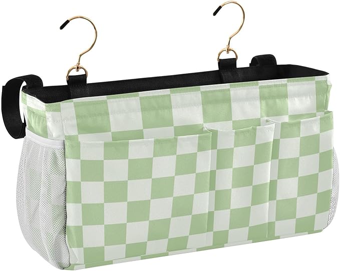 Checkered Mint Green and White Bedside Caddy for Dorm Bed Bedside Hanging Caddy Bag Iron Frame Storage Organizer Pocket for Bunk Home College Hospital Beds 2 Hooks