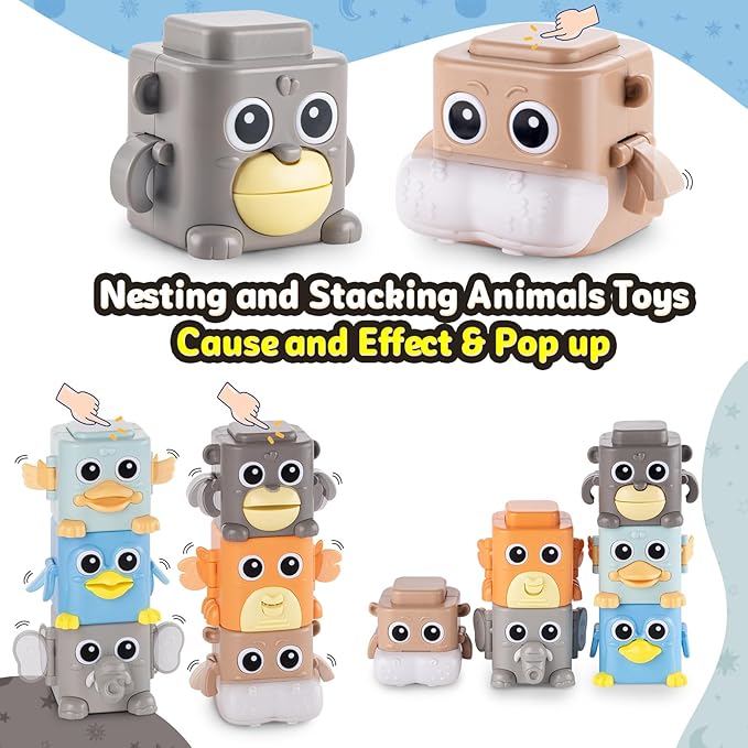 Stacking Toys for Toddlers, 6 Pcs Cause and Effect Toys Animal Push Game, Sensory Montessori Fine Motor Skills Fidget Toys for Ages 2 3 4 5 6 Year Old Boys Girls Kids Birthday Gifts