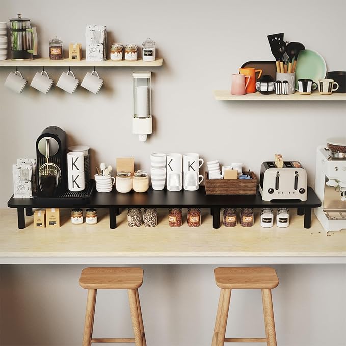 WEGASTU 43.7" Extra Long Dual Monitor Stand Riser, Wood & Steel Monitor Stand for 2 Monitors, Wide TV Stand, Desktop Riser for Desk Organization, Home Office，Laptop,Printer,TV (Black)