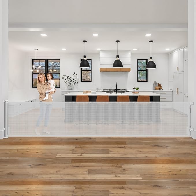 178 Inch Extra Long Baby Gate Retractable Dog Gate Outdoor Gates for Decks Indoor Retractable Baby Gates Wide Dog Gate for Super Wide Openings Retractable Gates for Dogs, Garage Gate, Light Gray