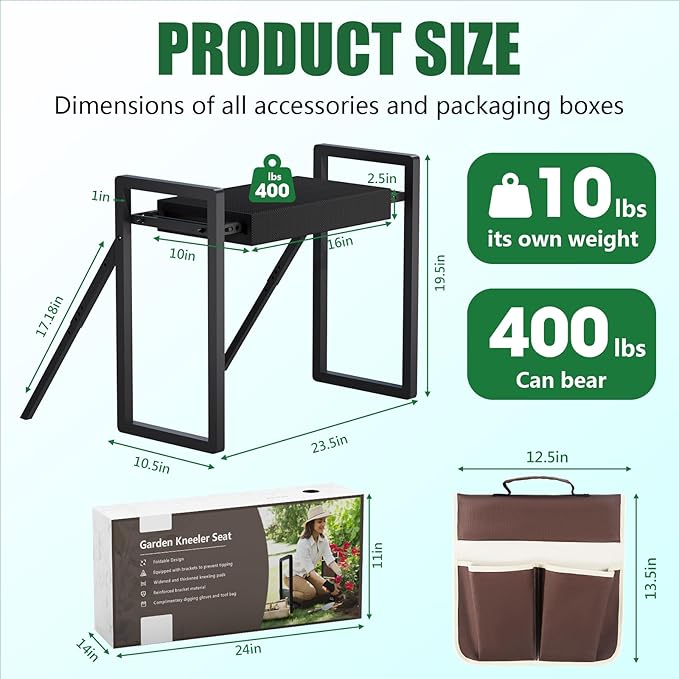 Heavy Duty Garden Kneeler and Seat for Elderly, 400lbs Capacity Foldable Gardening Stool with Support Legs & Thick Pad, Includes Large Tool Organizer Bag, Black