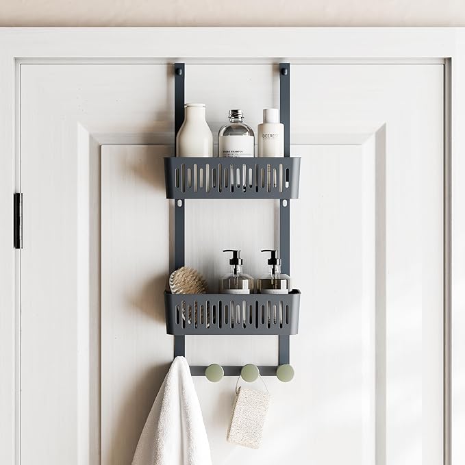 Zenna Home SnugFit Over the Door Caddy Organizer with 2 Storage Baskets and 4 Hooks, Over Door Hanging Organizer for Bathroom, Kitchen, Bedroom, Closet, Easy to Install, No Drilling, Blue