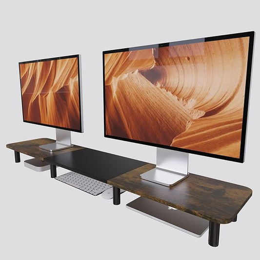 WEGASTU 43.7" Extra Long Dual Monitor Stand Riser, Wood & Steel Monitor Stand for 2 Monitors, Wide TV Stand, Desktop Riser for Desk Organization, Home Office、Laptop,Printer,TV (Vintage black)