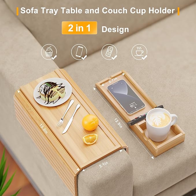 Bamboo Sofa Armrest Tray - Couch Arm Tray with Detachable Couch Cup Holder - 2 in 1 Anti-Slip Foldable Sofa Armchair Caddy Table for Drinks Cellphone TV Remote Snacks