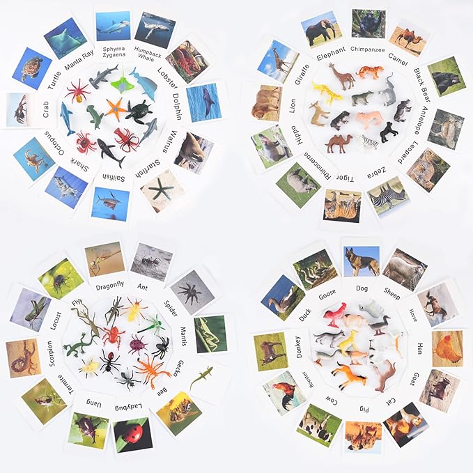 Yikko Montessori Animal Match Cards 48pcs - Insects and Animals Figurines and Cards, Montessori Materials Preschool Infant Toddlers Sorting Toys, Gift for 3 Years + Kids