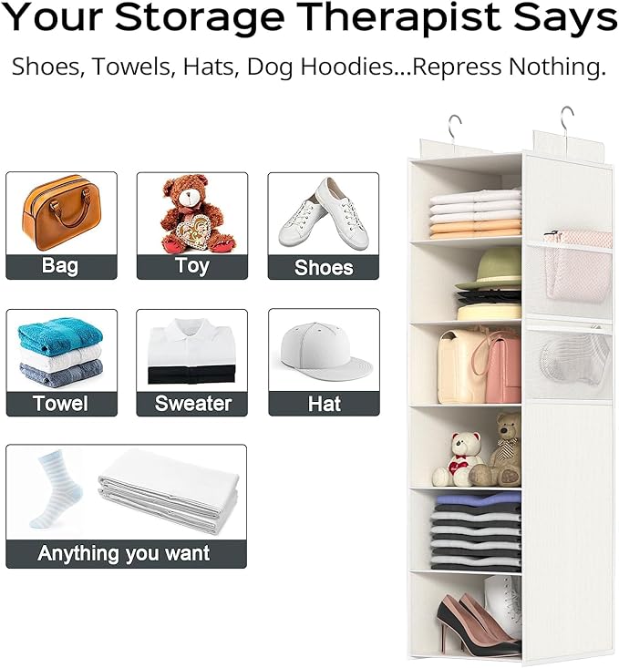 ALLTIDYUP Extra Deep Hanging Closet Organizer with Shelves and Oversized Mesh Pockets, Heavy-Duty Structure, No Deformation, Max Storage for Clothes, Shoes, Hats, Dorms and RVs,1-Pack (White, 6 Tier)
