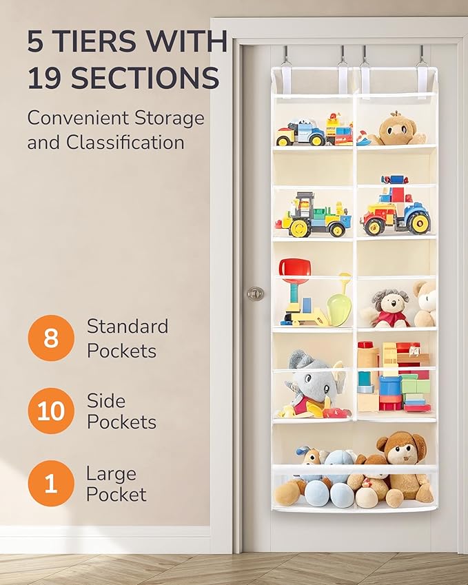 ULG Over the Door Organizer, 5-Tier Extra Large Hanging Storage with 10 Mesh Pockets, 100 lbs Capacity, Heavy Duty Door Organizer for Closet, Bedroom, Nursery Storage, Beige
