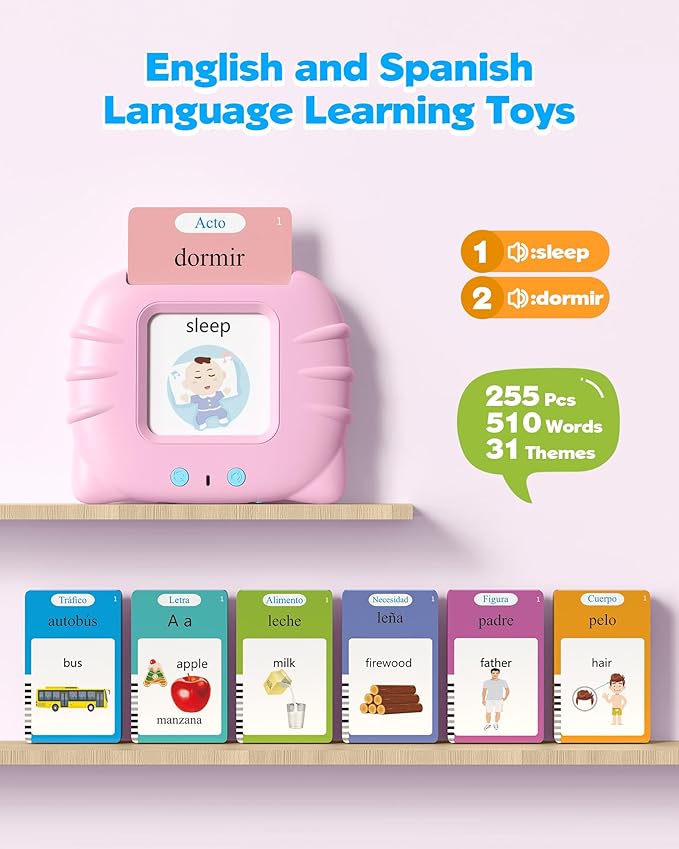 Bilingual Pink Spanish and English Talking Flash Cards, Pocket Speech Therapy Toys with 512 Words, Montessori Language Learning Toys, Autism Toys, Children's Sensory Learning, Birthday Toys