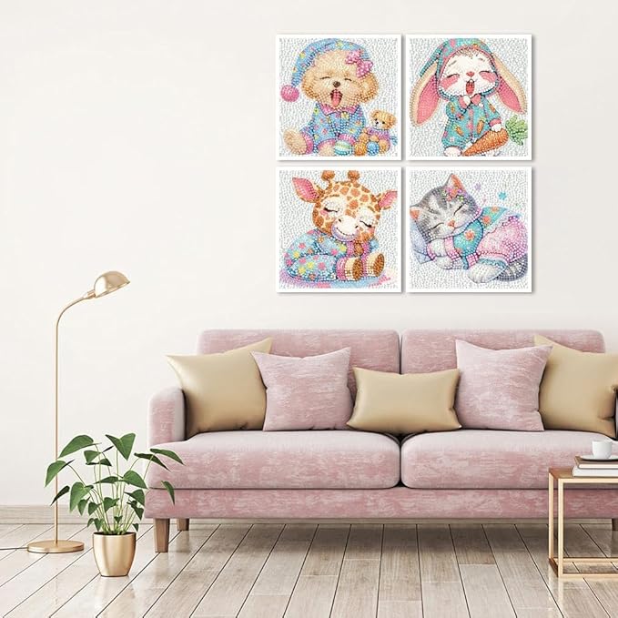 FQOVKYN 4 Packs Cute Animals Diamond Art Kits for Kids, DIY Cartoon Small Diamond Painting Kits for Kids Age 6-12, Diamond Art and Crafts Kits for Girls Boys Birthday Gift(6 * 6inch)