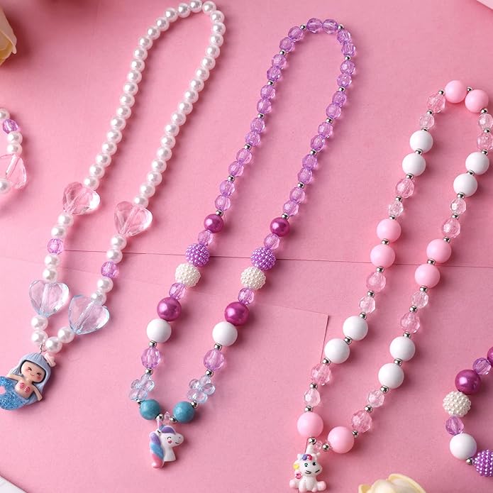 BigOtters Girl Princess Necklace Bracelet, Sets of 3 Colorful Jewelry Necklaces for Girls Toddlers Princess Dress up