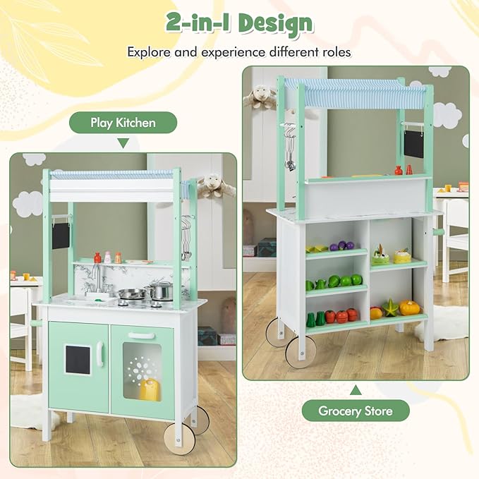 HONEY JOY Kids Kitchen Playset with Lights, Double Side Little Chef Play Kitchen for Toddler & Grocery Store, Cookware, Sink, Storage Cabinet, Wooden Pretend Play Toy Kitchen Cart with Wheels, Green