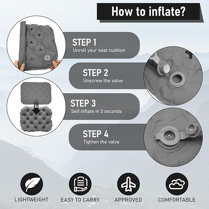 BreezCamp Inflatable Seat Cushion, Lightweight Stadium Seat Pad, Camping Accessories Chair Pad for Airplane Travel, Hiking, Climbing, Home and Office,Gray