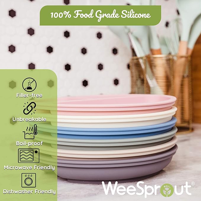 WeeSprout Suction Plates for Babies & Toddlers - 100% Silicone, Dinnerware Stays Put, Divided Design for Picky Eaters, Microwave & Dishwasher Friendly, 3 Pack