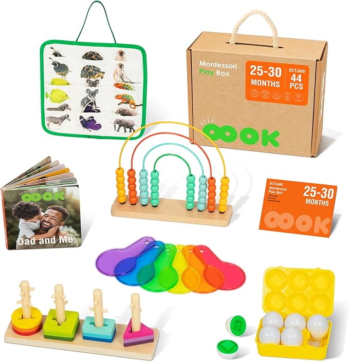 Montessori Toys for 2 Year Old, 7 in 1 Early Educationa Toy with Busy Book, Matching Eggs, Stacking Toys, Abacus for Kids Math and More, Nice Fine Motor Skill and Brain Development for Kids