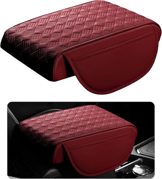 Hbxdeco Car Armrest Cushion, 12.2"×8.3" Leather Auto Memory Foam Center Console Pad with Storage Pocket, Waterproof & Anti-Scratch Elbow Pillow Armrest Seat Box Protector, Universal Fit (Red)