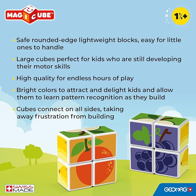 GEOMAG MagiCube Fruit 4-Piece Magnetic Cubes Building Set, Toddlers & Kids Ages 1.5+, STEM-Endorsed Educational Toy, Swiss-Made, Creativity & Early Learning Fun, 6 Adorable Building Ideas