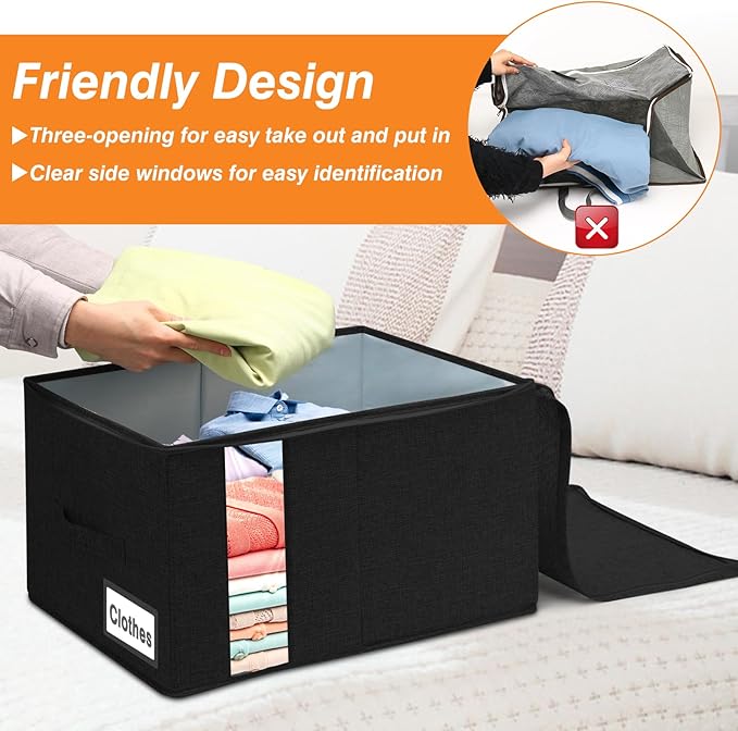 60L Comforter Storage Bag, Sturdy Construction Blanket Storage Bin w/Durable Handles, Foldable Storage Box w/Dual Zippers for Sheets Quilts Sweaters Bedding Sets Pillows, 2 Pack, Black