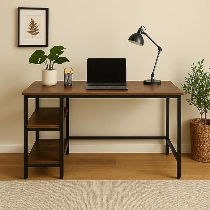 OLYMP XXI Modern & Industrial Computer Desk, Home Office Desk with Storage Shelves, Wood Study Writing Table for Bedroom, Living Room, Rustic Retro Brown, 55 Inch